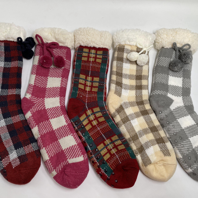 Wholesale sherpa thick cotton lining slipper socks Check series