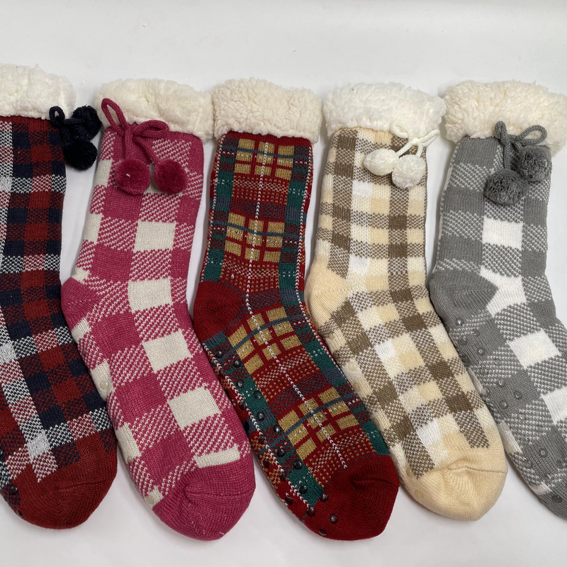 Wholesale sherpa thick cotton lining slipper socks Check series