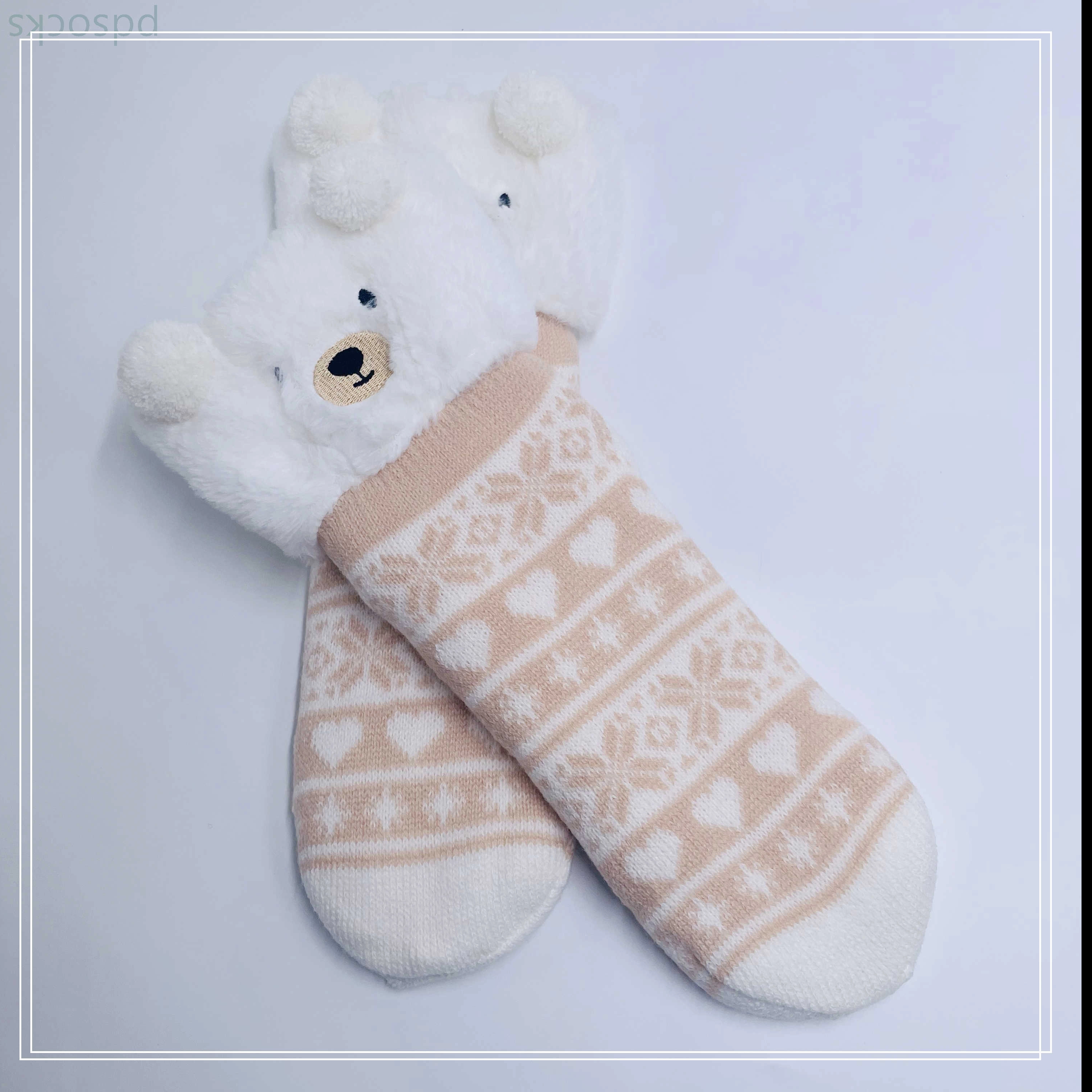 Wholesale bear  thick cotton lining slipper socks Series with fringe 3D cartoon non-slip floor sock 