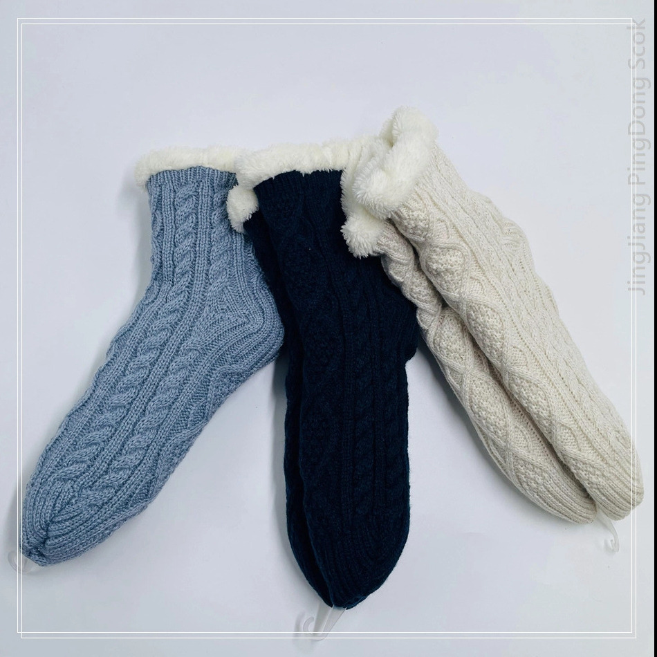 Wholesale cabled knitted double layer cotton fleece Sherpa socks adult indoor sock 