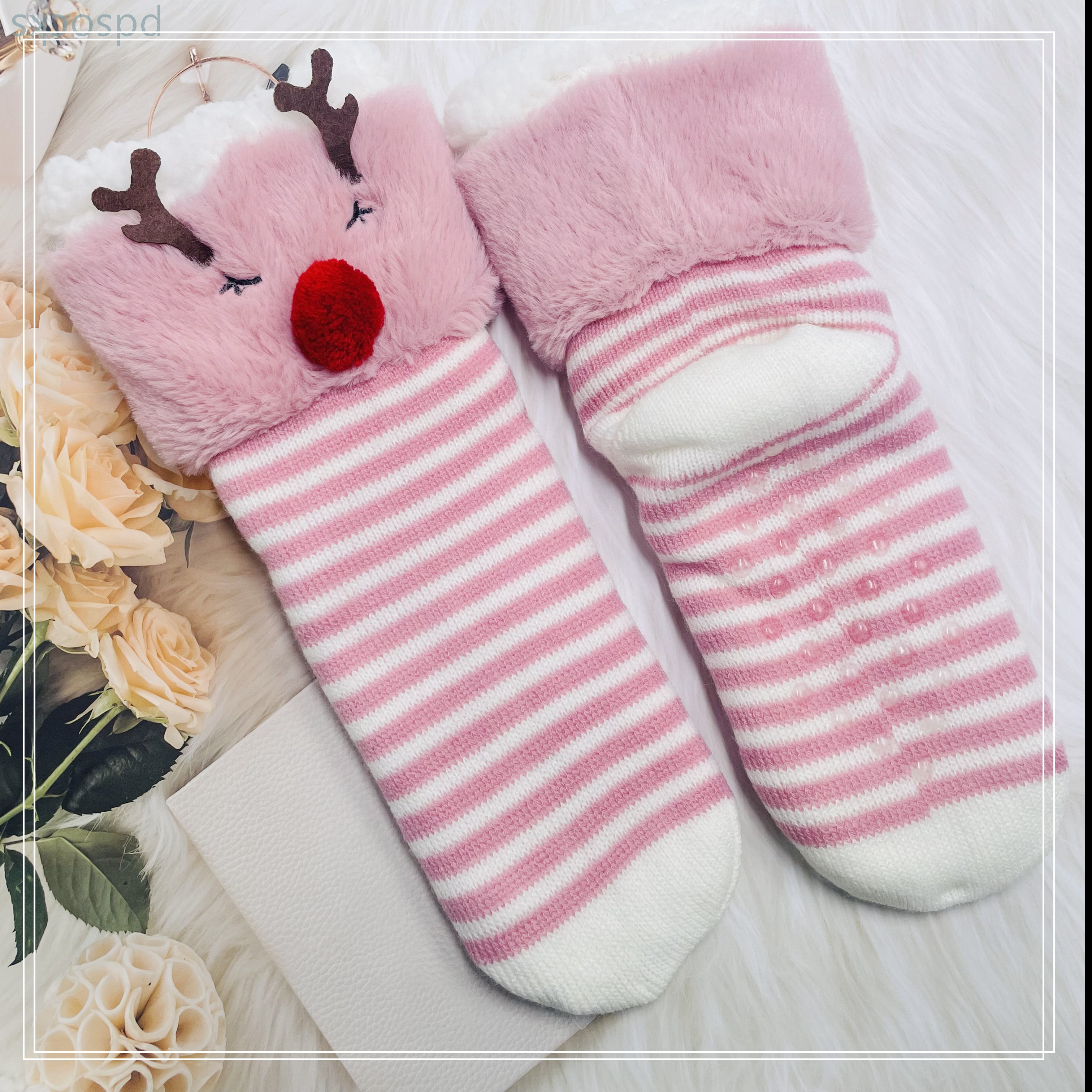 Wholesale sherpa thick cotton lining slipper socks Series with fringe 3D cartoon 