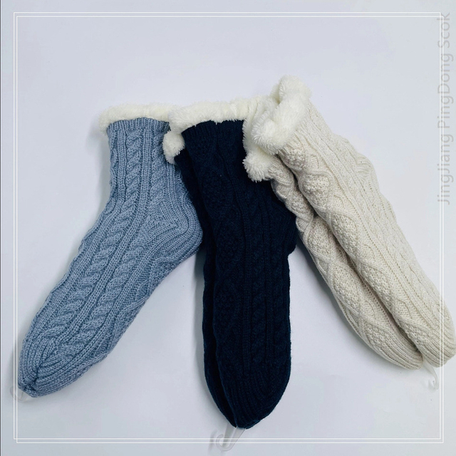 Wholesale cabled knitted double layer cotton fleece Sherpa socks adult indoor sock 