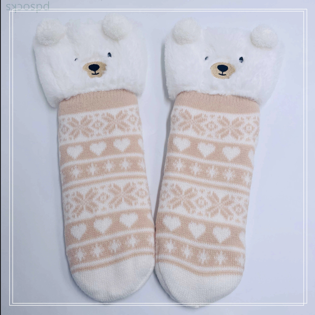 Wholesale bear  thick cotton lining slipper socks Series with fringe 3D cartoon non-slip floor sock 