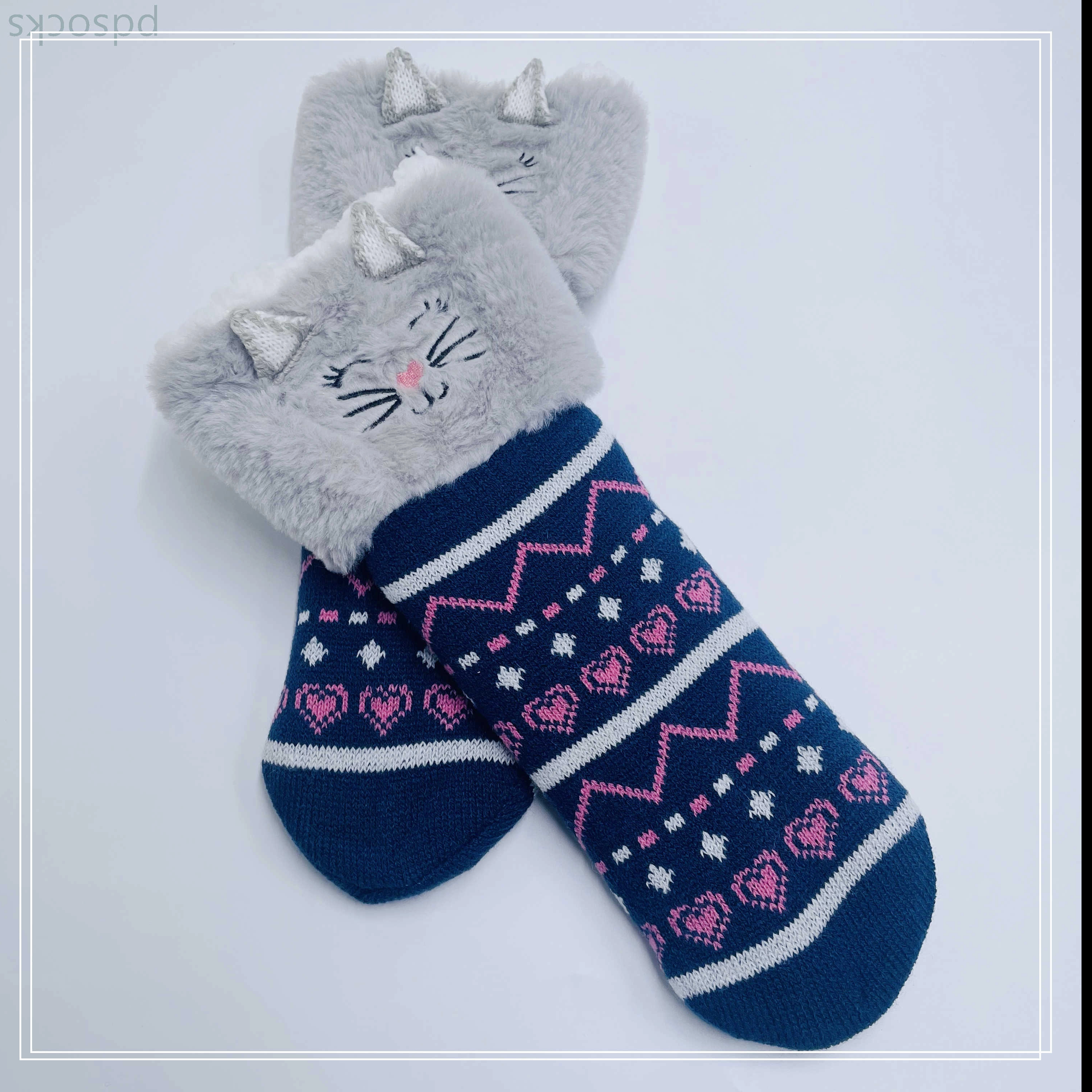 Wholesale cat thick cotton lining slipper socks Series with fringe 3D cartoon non-slip floor sock 