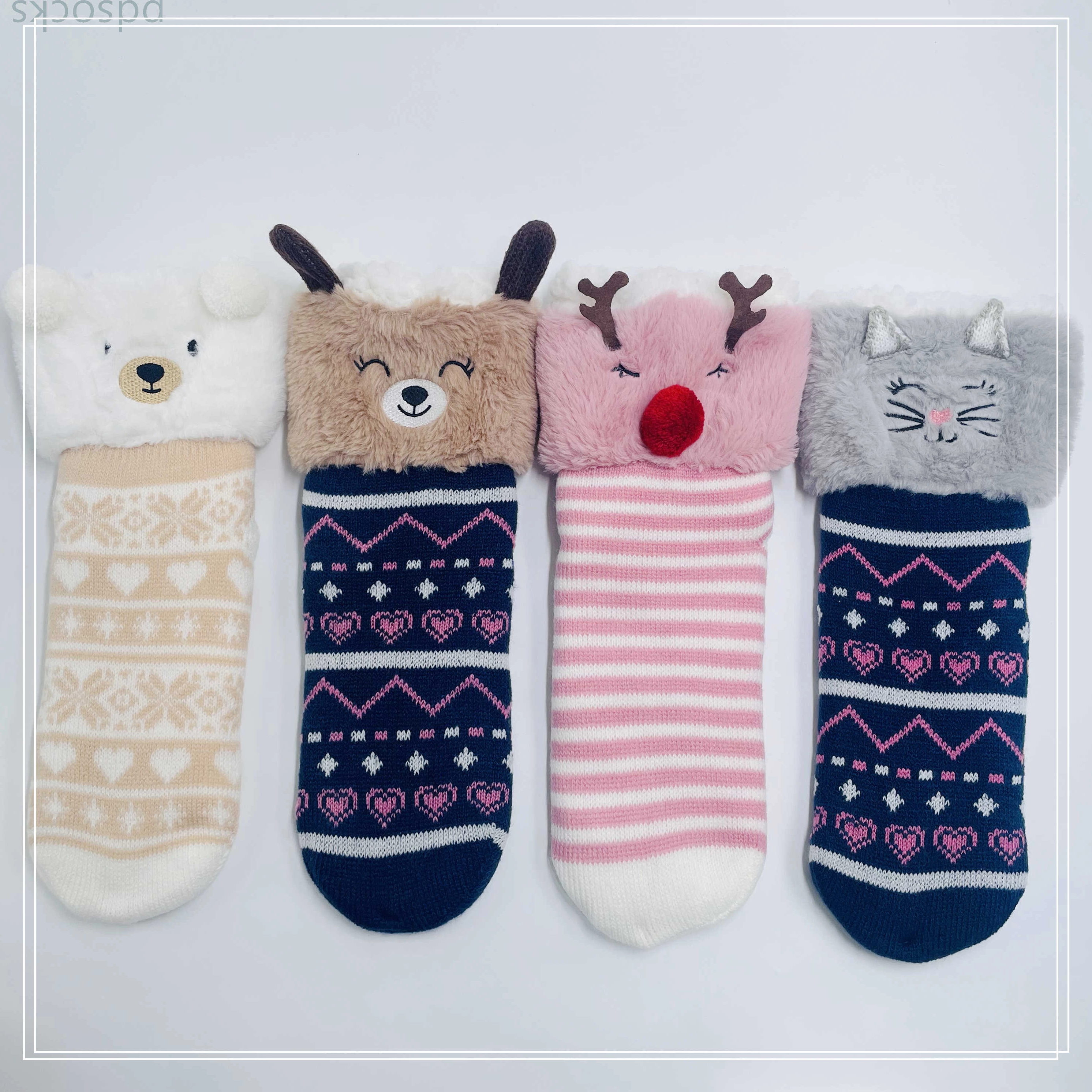 Wholesale cat thick cotton lining slipper socks Series with fringe 3D cartoon non-slip floor sock 