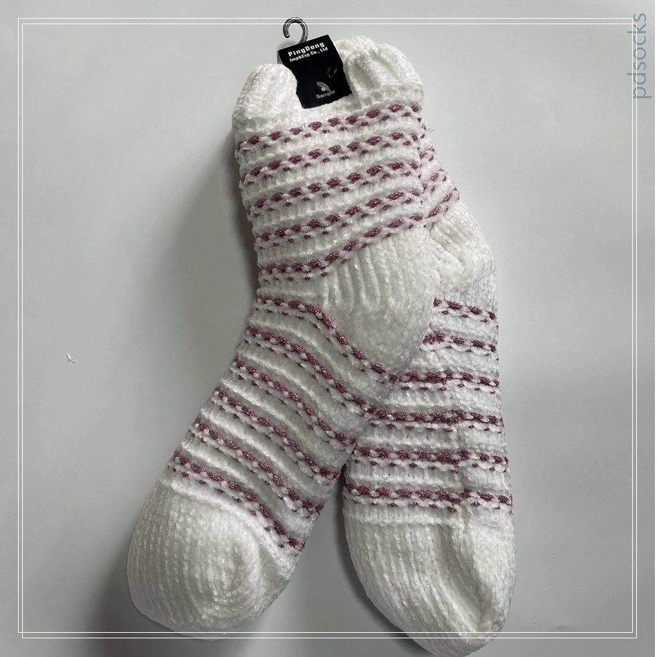 Wholesale lurex and shenille yarn stripe Knitted Slipper Home Socks Cosy Double Layer Thick Warm Sock