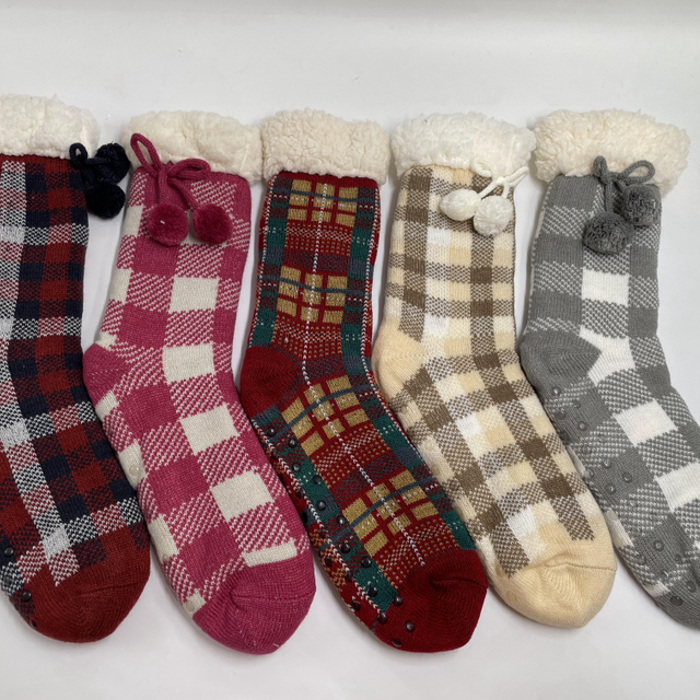 Wholesale sherpa thick cotton lining slipper socks Check series
