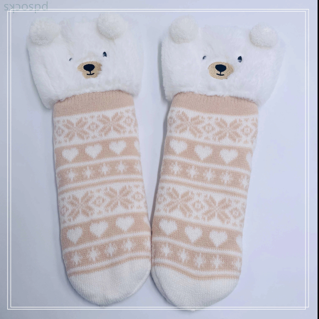 Wholesale bear  thick cotton lining slipper socks Series with fringe 3D cartoon non-slip floor sock 