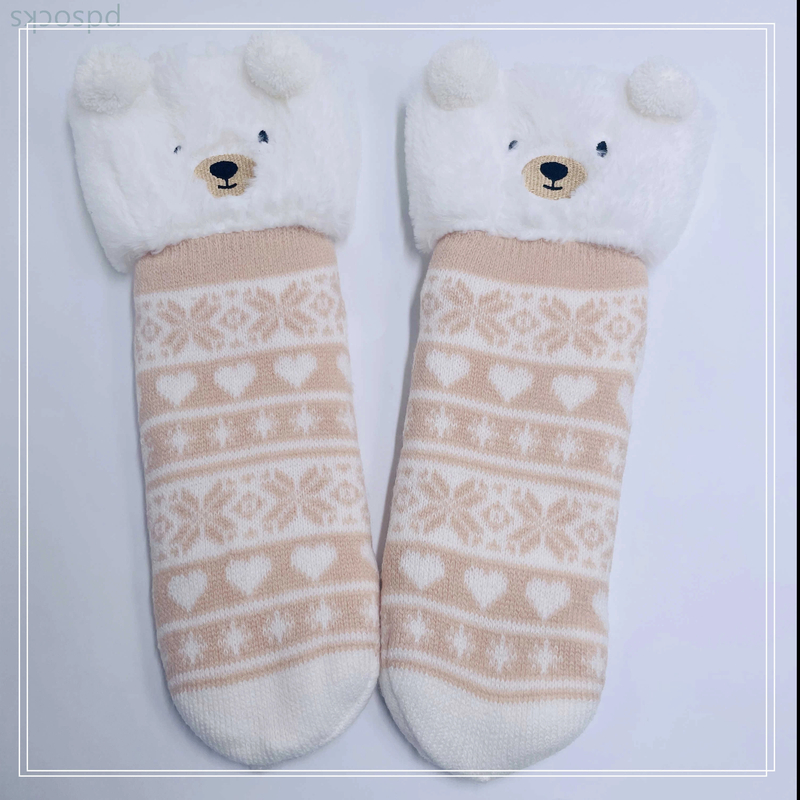 Wholesale bear  thick cotton lining slipper socks Series with fringe 3D cartoon non-slip floor sock 