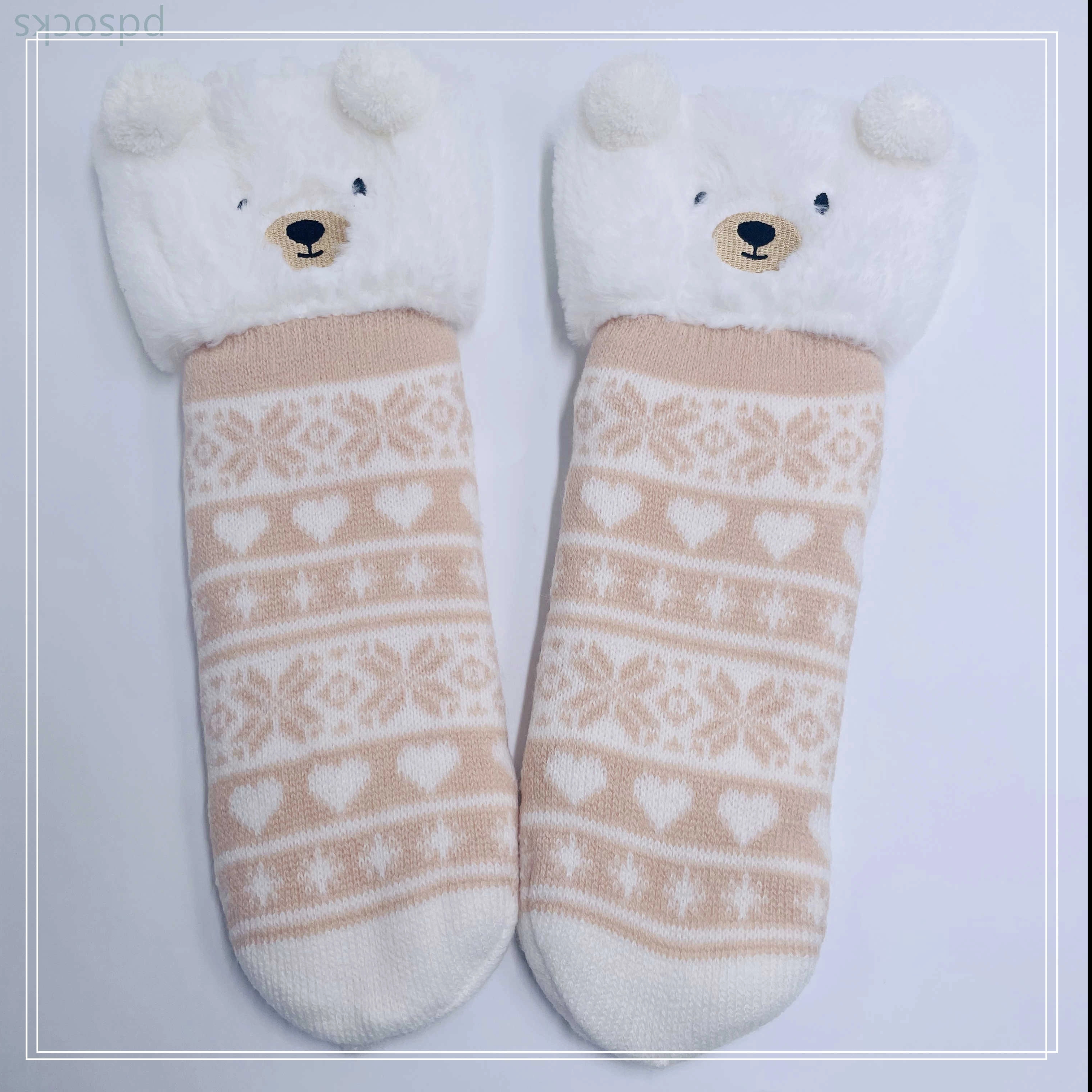 Wholesale bear  thick cotton lining slipper socks Series with fringe 3D cartoon non-slip floor sock 