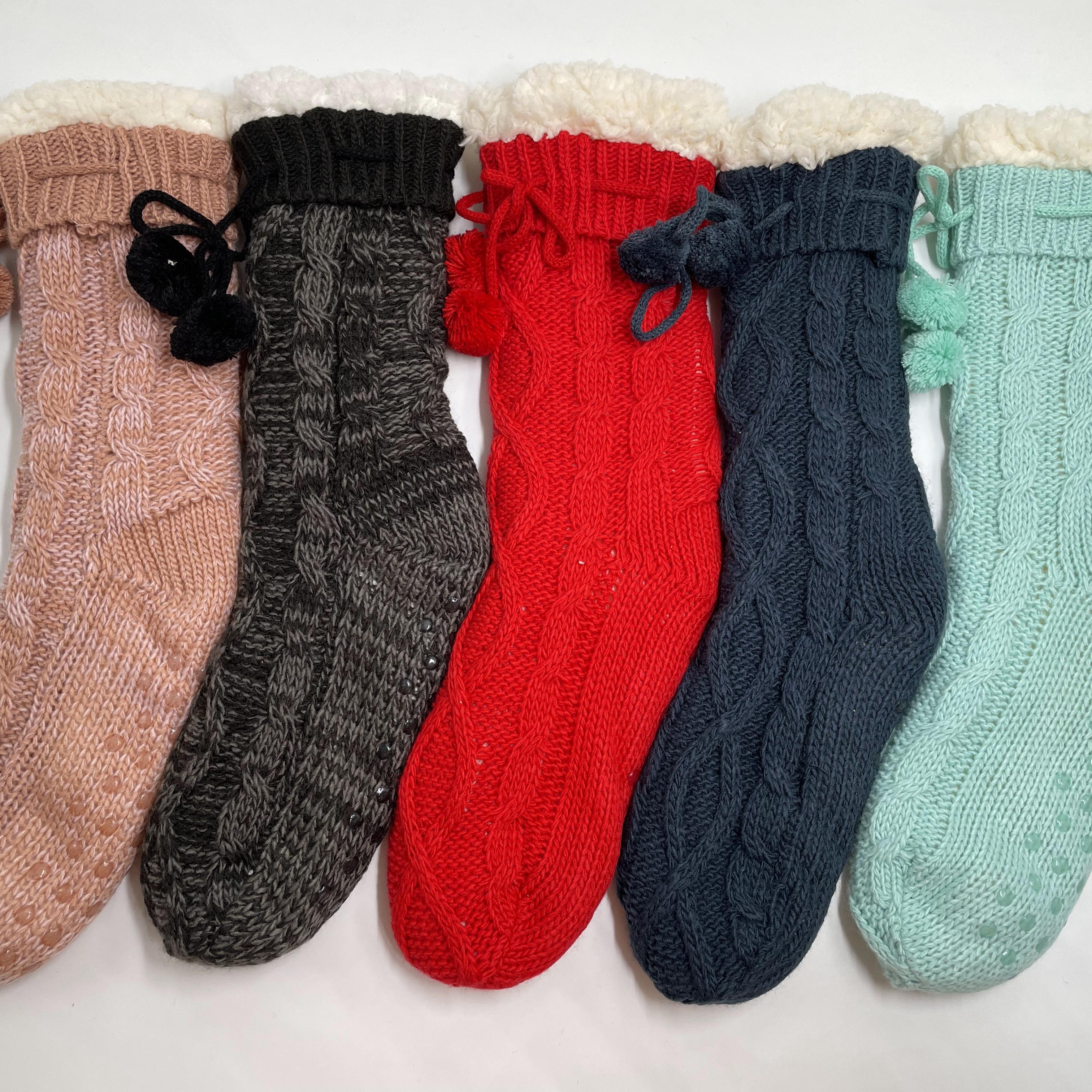Wholesale sherpa thick cotton lining slipper socks cable knitted home socks