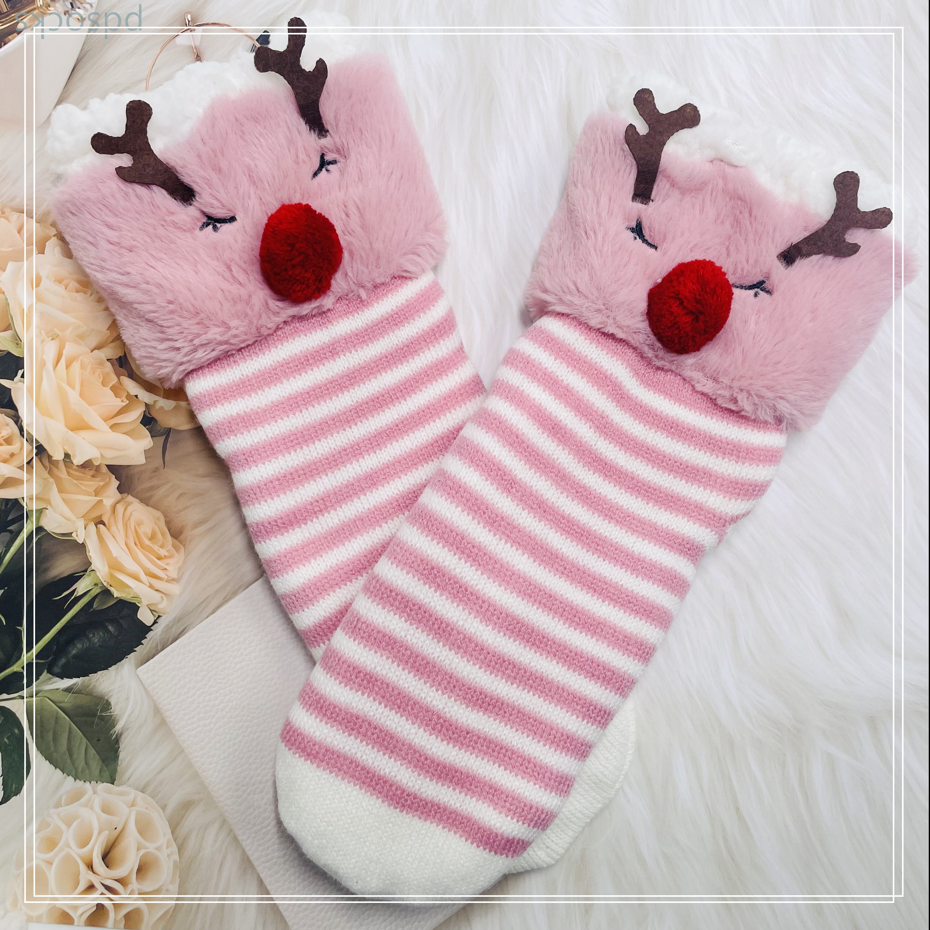 Wholesale sherpa thick cotton lining slipper socks Series with fringe 3D cartoon 