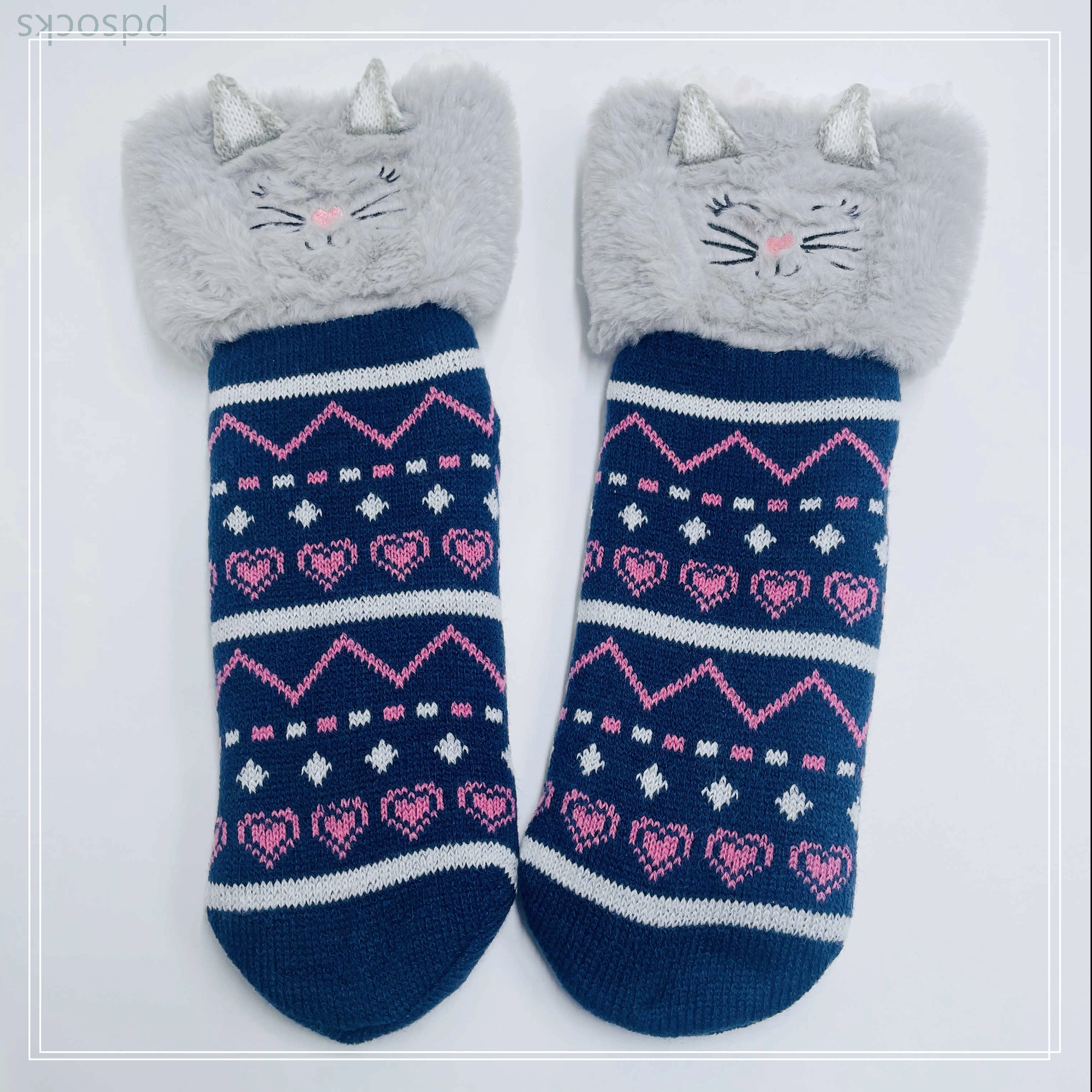 Wholesale cat thick cotton lining slipper socks Series with fringe 3D cartoon non-slip floor sock 