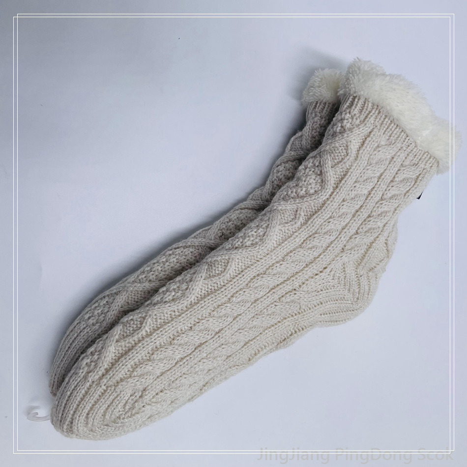 Wholesale cabled knitted double layer cotton fleece Sherpa socks adult indoor sock 