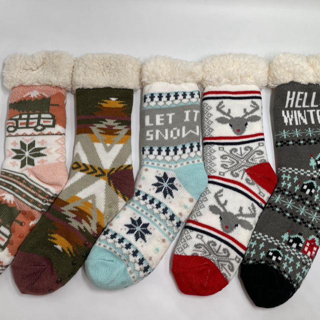 Wholesale sherpa thick cotton lining slipper socks women socks accept custom