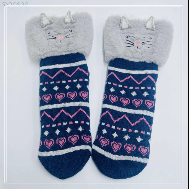 Wholesale cat thick cotton lining slipper socks Series with fringe 3D cartoon non-slip floor sock 